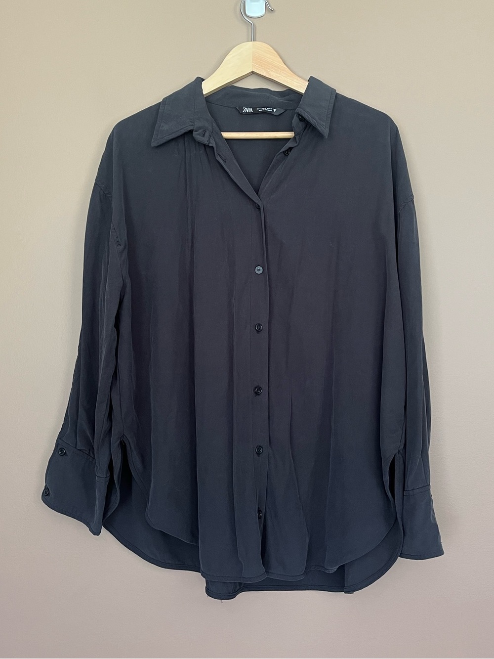 {Zara} Long Sleeve Oversized Button Down Modal Blouse in Black - Womens Large
